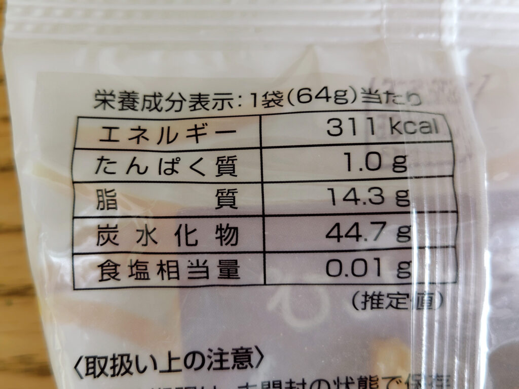 パッケージ裏面の栄養成分表示